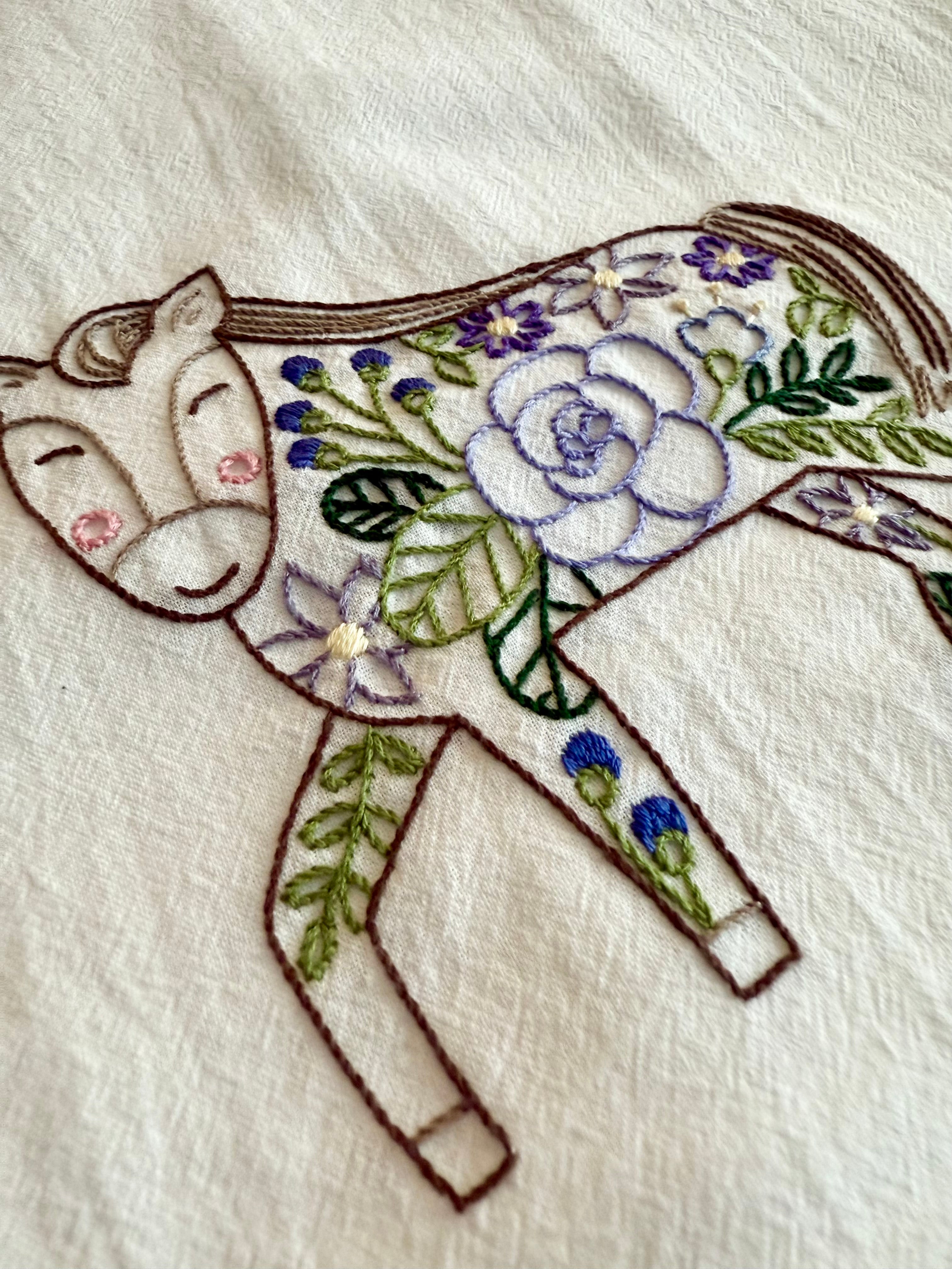 Horse & Blooms - Hand Embroidered Dish Towel