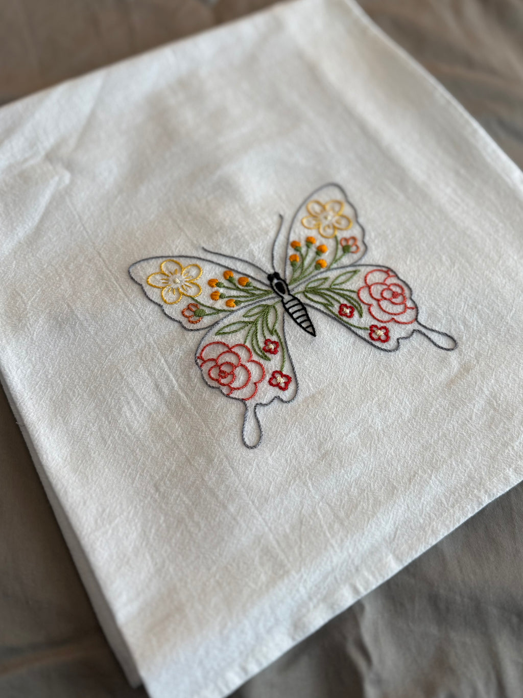 Butterfly & Blooms - Hand Embroidered Dish Towel