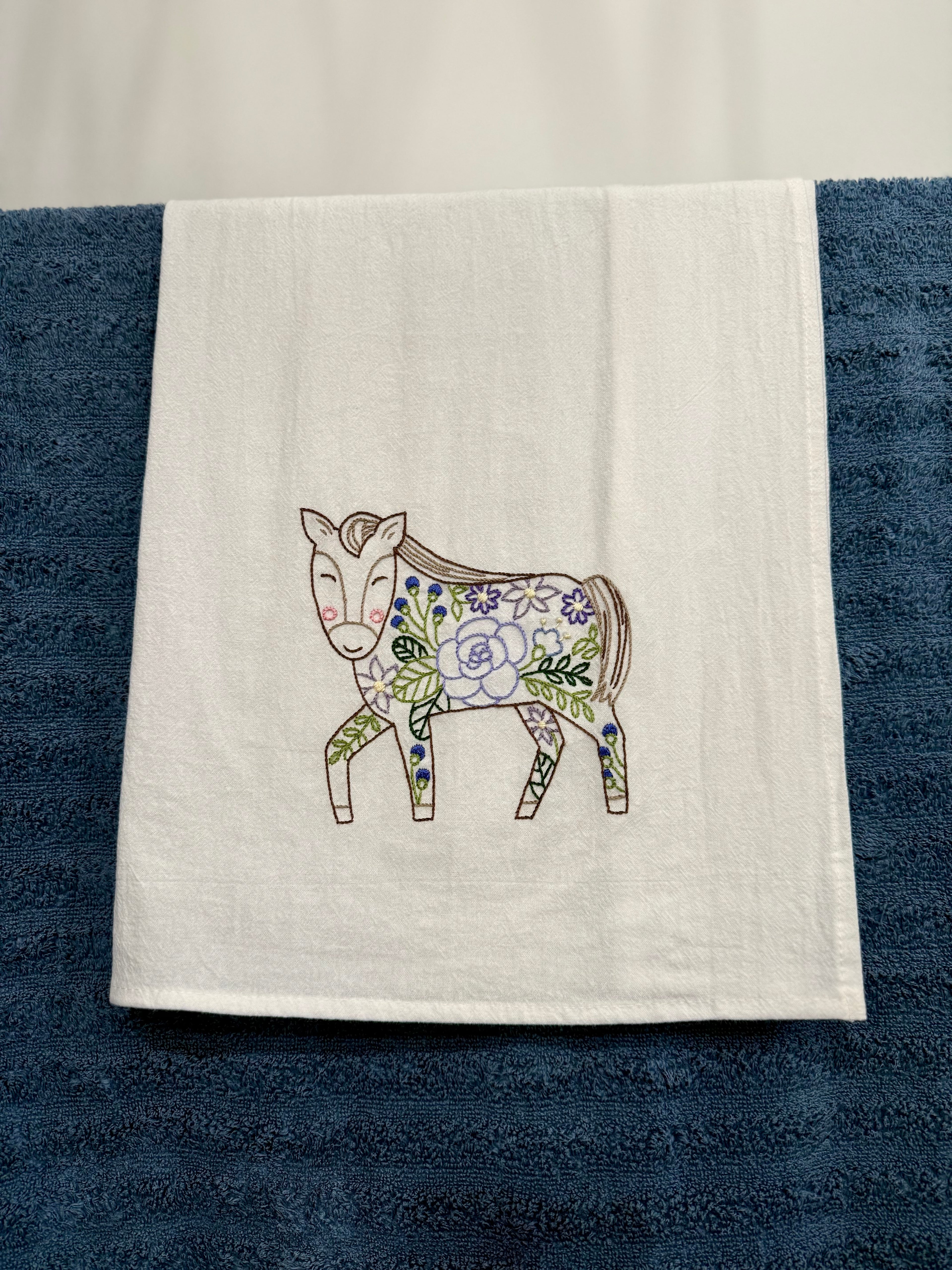 Horse & Blooms - Hand Embroidered Dish Towel
