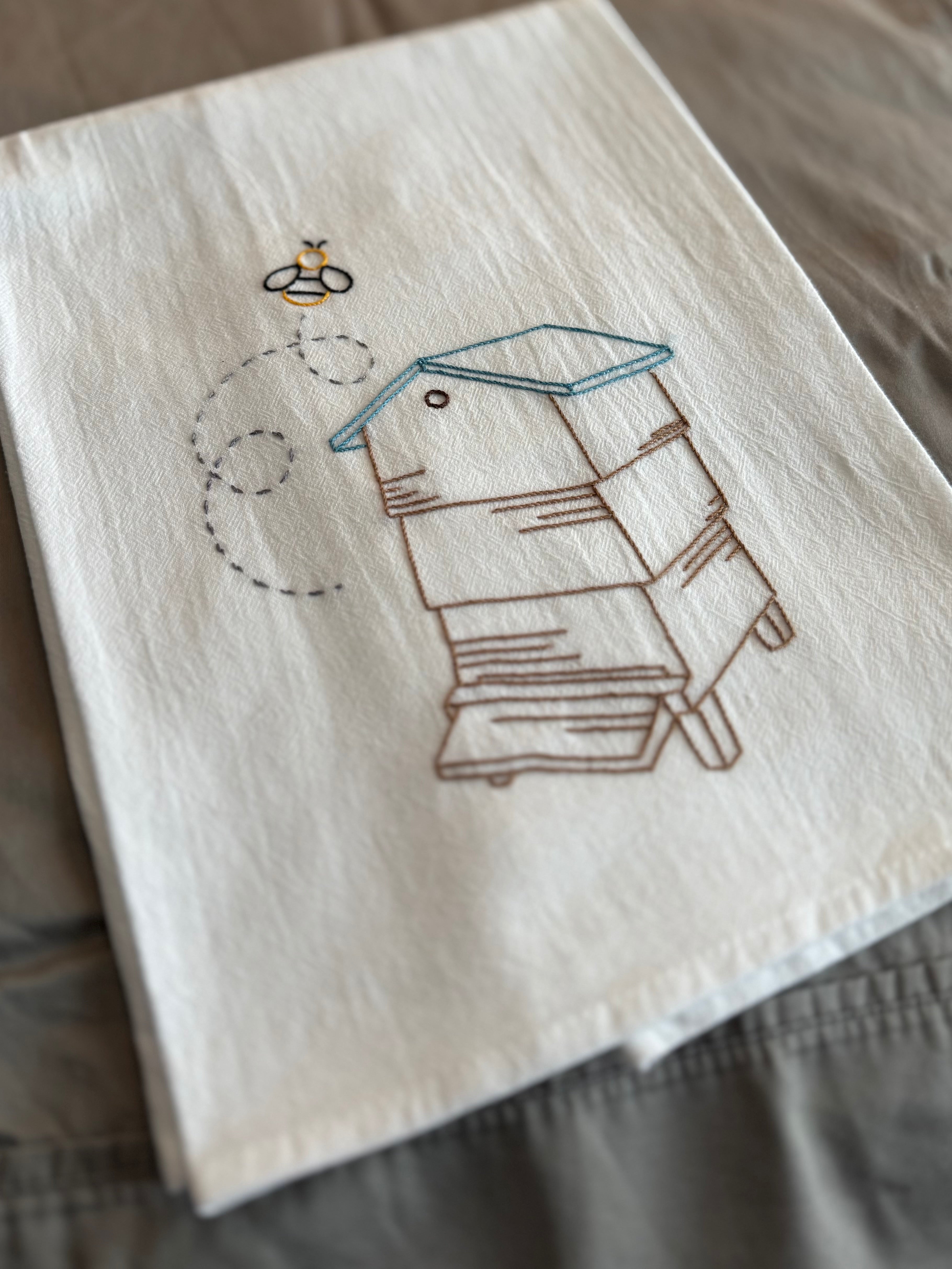 Bee Hive - Hand Embroidered Dish Towel