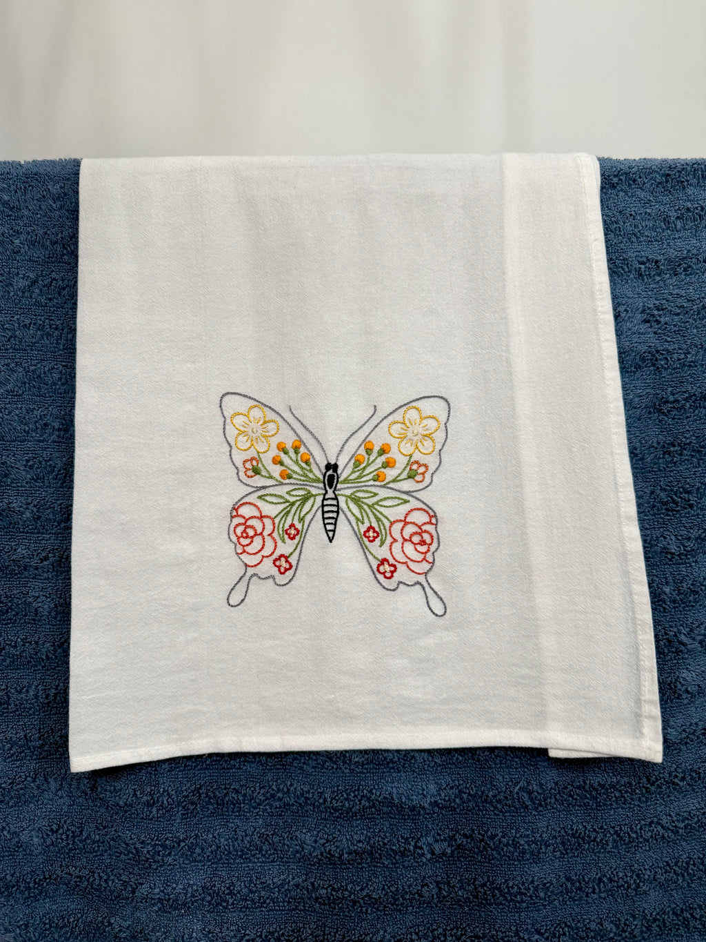 Butterfly & Blooms - Hand Embroidered Dish Towel