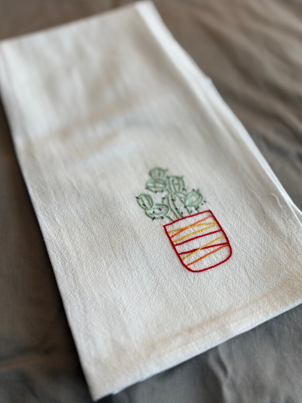 Potted Cactus - Hand Embroidered Dish Towel