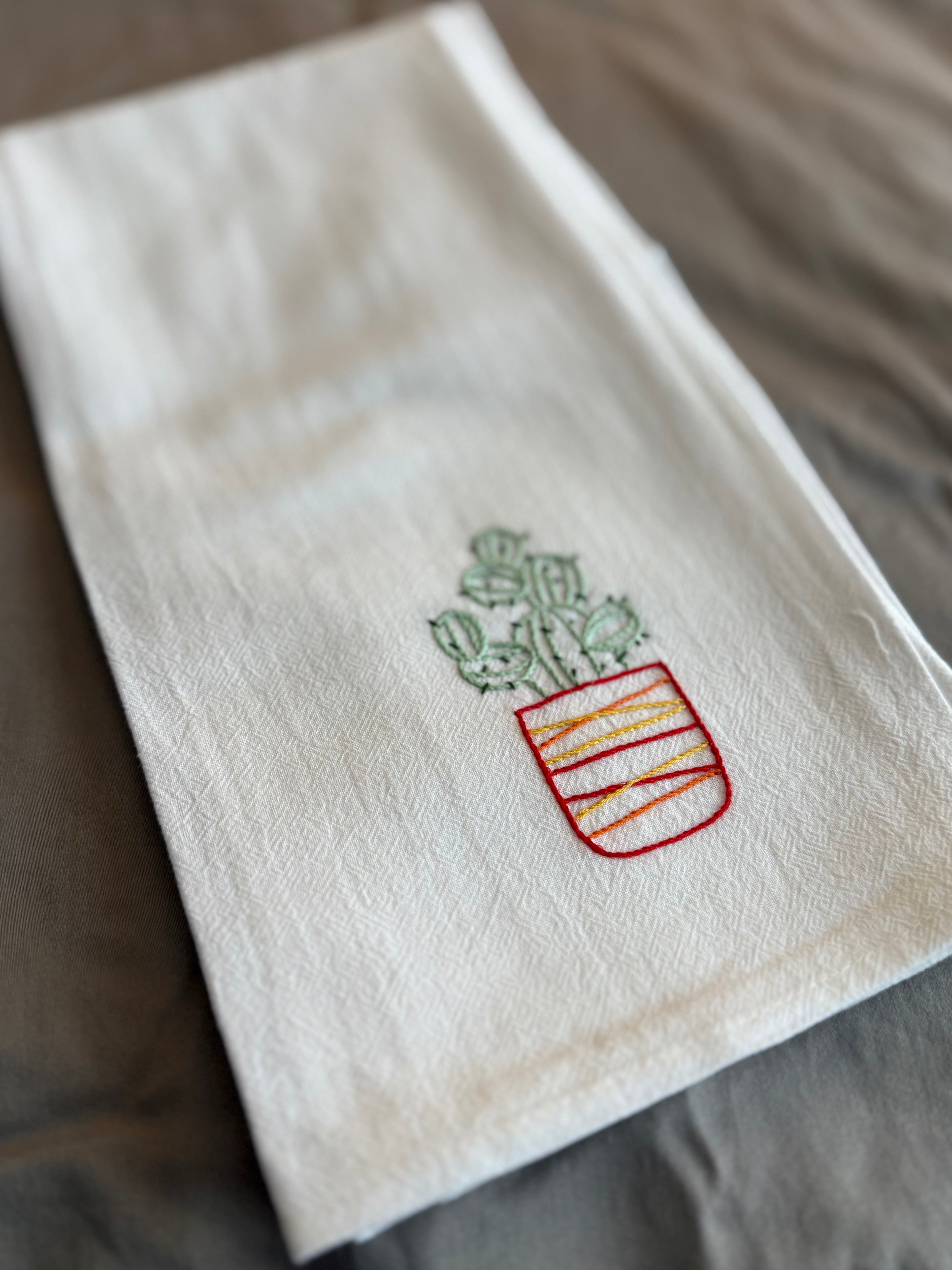 Potted Cactus - Hand Embroidered Dish Towel