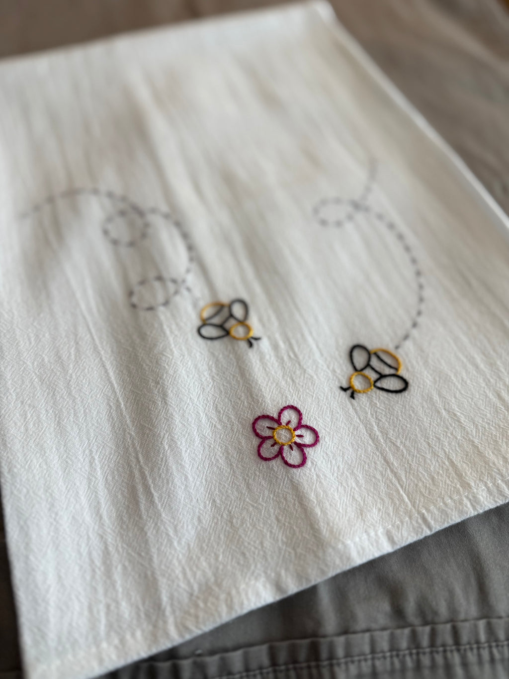 Flower & Friends - Hand Embroidered Dish Towel