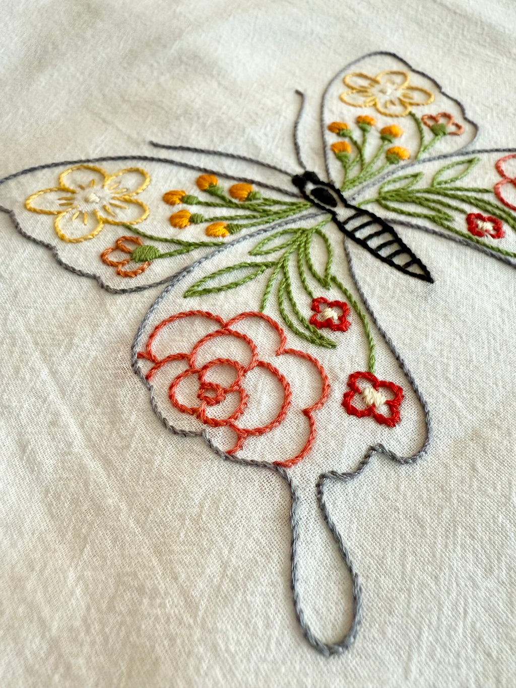 Butterfly & Blooms - Hand Embroidered Dish Towel